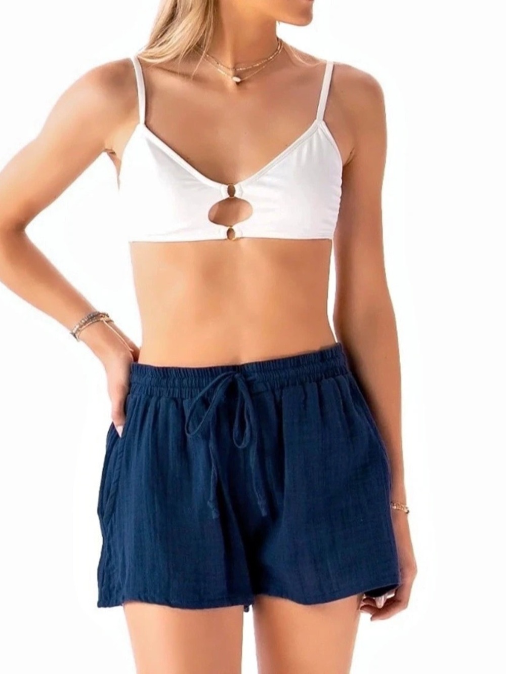 lotus & luna Cabana Shorts Cotton Drawstring Shorts in Blue Size Small NWT